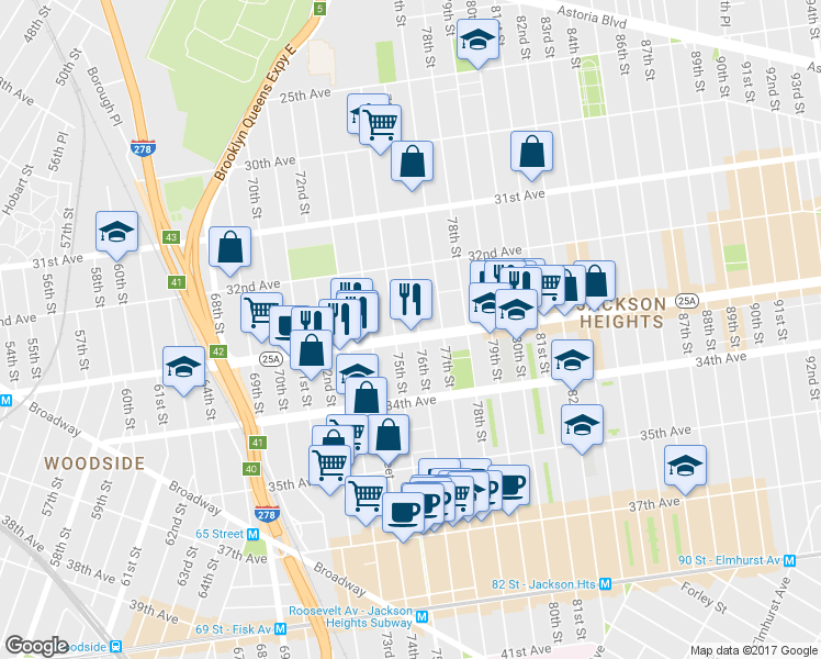 map of restaurants, bars, coffee shops, grocery stores, and more near 75-09 Northern Boulevard in Queens
