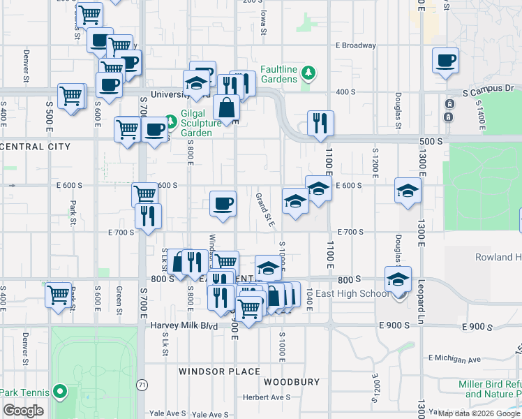 map of restaurants, bars, coffee shops, grocery stores, and more near 649 Brixen Court East in Salt Lake City