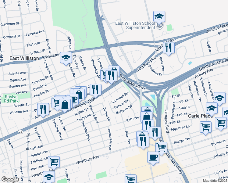 map of restaurants, bars, coffee shops, grocery stores, and more near 401 East Jericho Turnpike in Carle Place