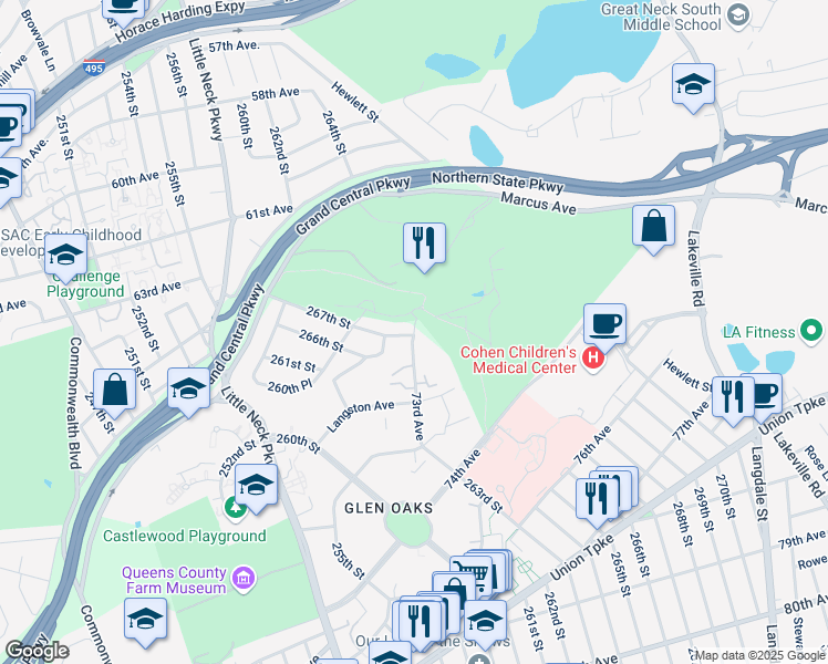 map of restaurants, bars, coffee shops, grocery stores, and more near 72-10 267th Street in Queens