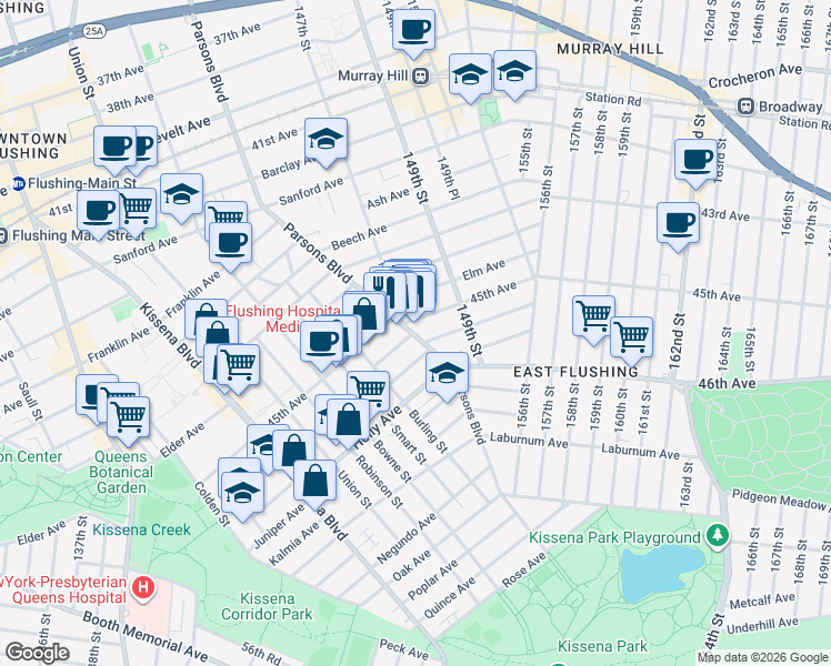 map of restaurants, bars, coffee shops, grocery stores, and more near 45-28 Parsons Boulevard in Queens