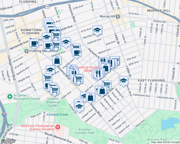 map of restaurants, bars, coffee shops, grocery stores, and more near 43-23 Bowne Street in Queens