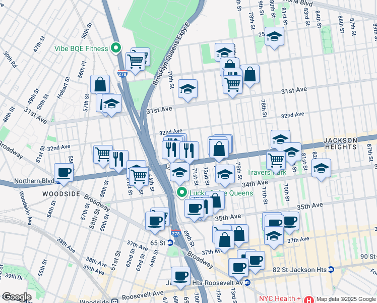 map of restaurants, bars, coffee shops, grocery stores, and more near 32-54 71st Street in Queens