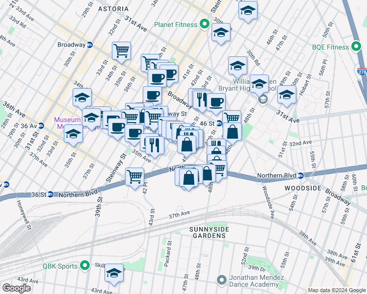 map of restaurants, bars, coffee shops, grocery stores, and more near 32-86 45th Street in Queens