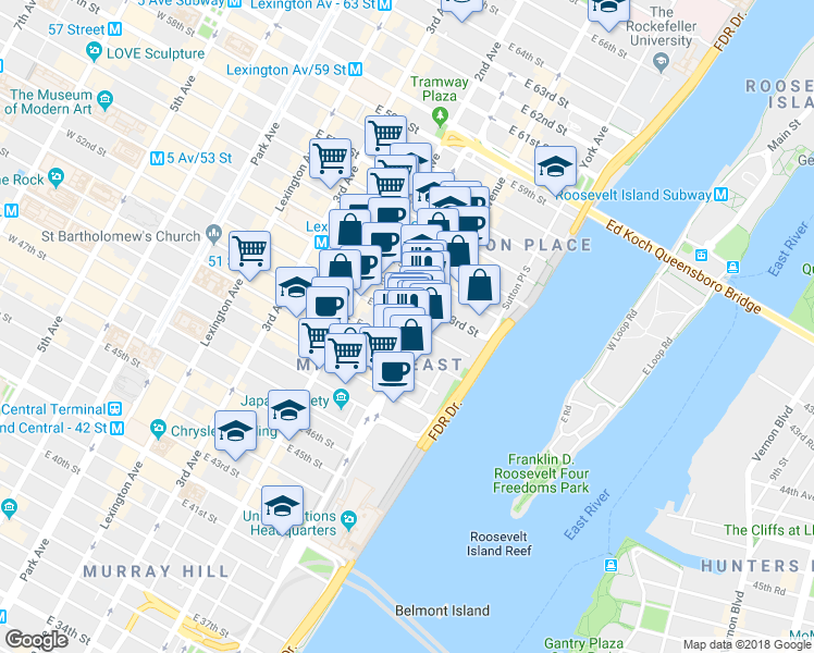 map of restaurants, bars, coffee shops, grocery stores, and more near 941 1st Avenue in New York