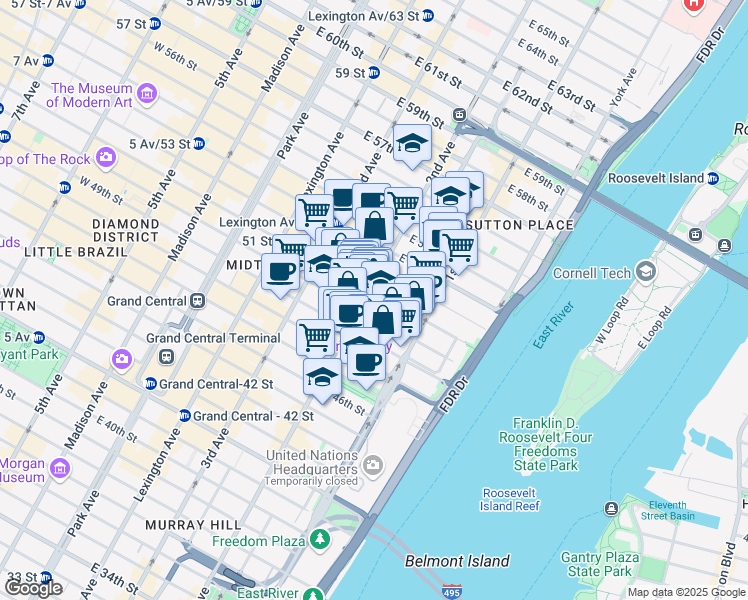 map of restaurants, bars, coffee shops, grocery stores, and more near 928 2nd Avenue in New York