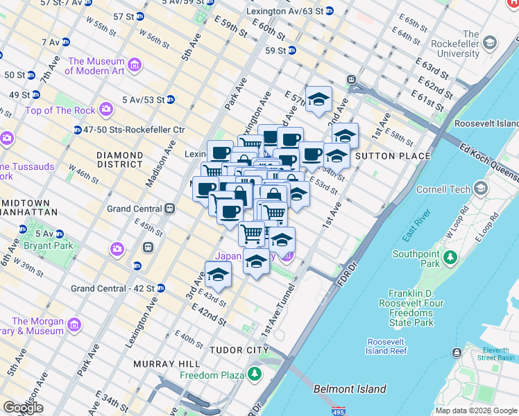 map of restaurants, bars, coffee shops, grocery stores, and more near 234 East 50th Street in New York