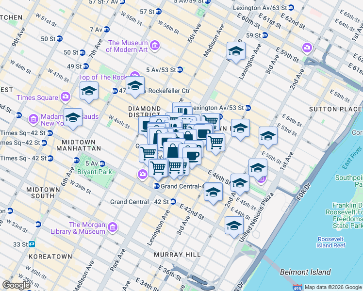 map of restaurants, bars, coffee shops, grocery stores, and more near 242 Park Avenue in New York