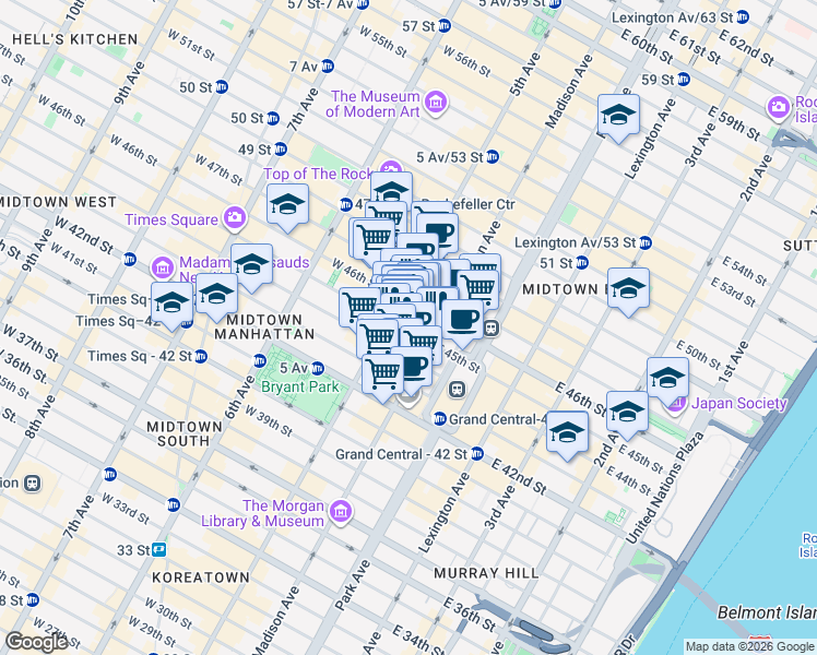map of restaurants, bars, coffee shops, grocery stores, and more near 551 5th Avenue in New York