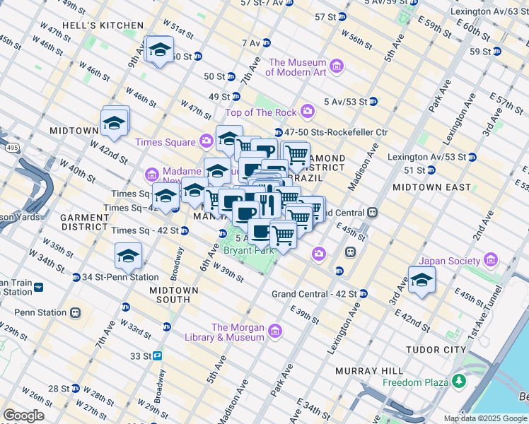 map of restaurants, bars, coffee shops, grocery stores, and more near in New York