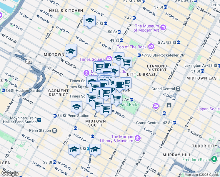 map of restaurants, bars, coffee shops, grocery stores, and more near 141 West 41st Street in New York