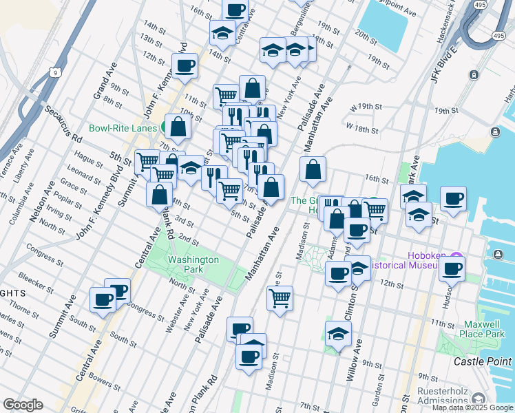 map of restaurants, bars, coffee shops, grocery stores, and more near 600 Palisade Avenue in Union City
