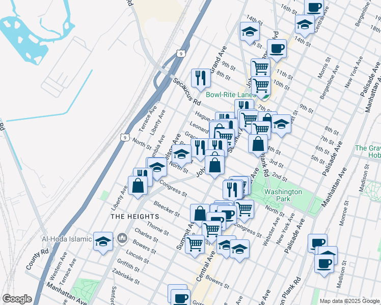 map of restaurants, bars, coffee shops, grocery stores, and more near 105 Poplar Street in Jersey City