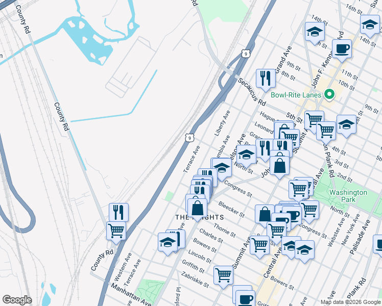 map of restaurants, bars, coffee shops, grocery stores, and more near 245 Terrace Avenue in Jersey City