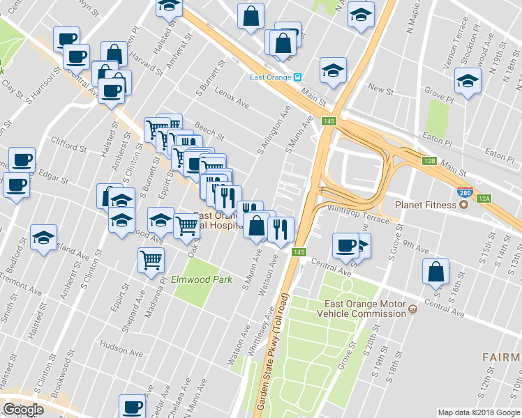 map of restaurants, bars, coffee shops, grocery stores, and more near 70 South Munn Avenue in East Orange
