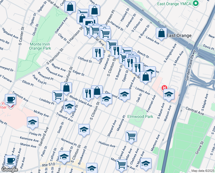 map of restaurants, bars, coffee shops, grocery stores, and more near 297 South Burnet Street in East Orange