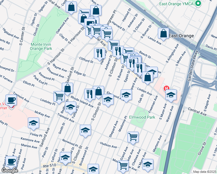 map of restaurants, bars, coffee shops, grocery stores, and more near 297 South Burnet Street in East Orange