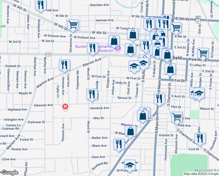 map of restaurants, bars, coffee shops, grocery stores, and more near 137 Arthur Avenue in Mansfield