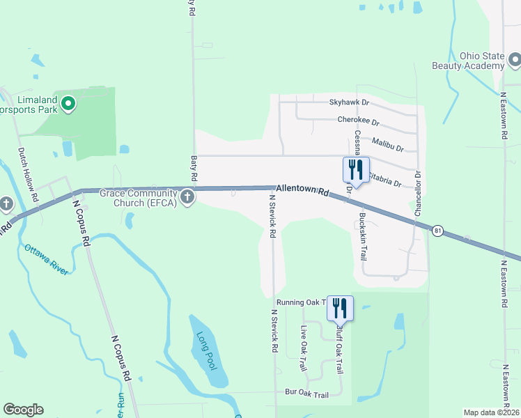map of restaurants, bars, coffee shops, grocery stores, and more near 1381 North Stevick Road in Elida