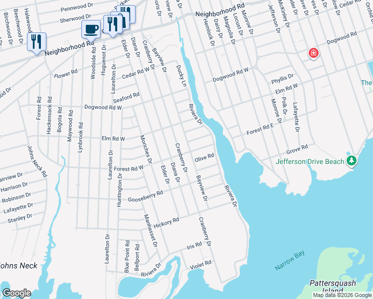 map of restaurants, bars, coffee shops, grocery stores, and more near 142 Bayview Drive in Mastic Beach