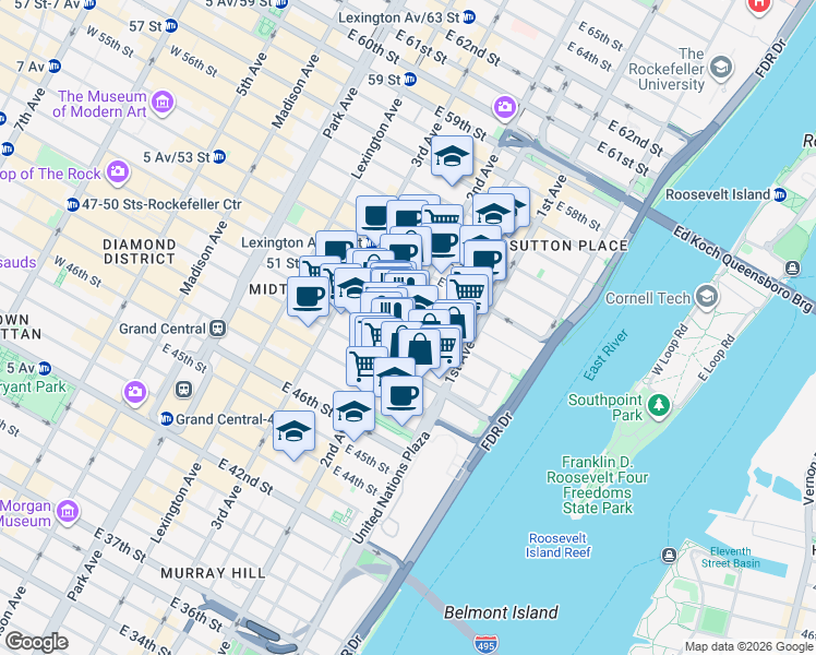 map of restaurants, bars, coffee shops, grocery stores, and more near 956 2nd Avenue in New York