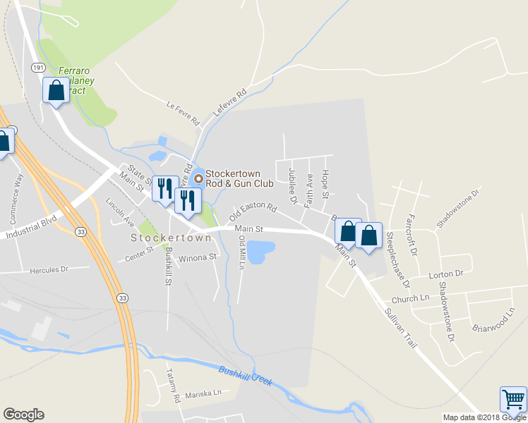 map of restaurants, bars, coffee shops, grocery stores, and more near 209 Old Easton Road in Easton