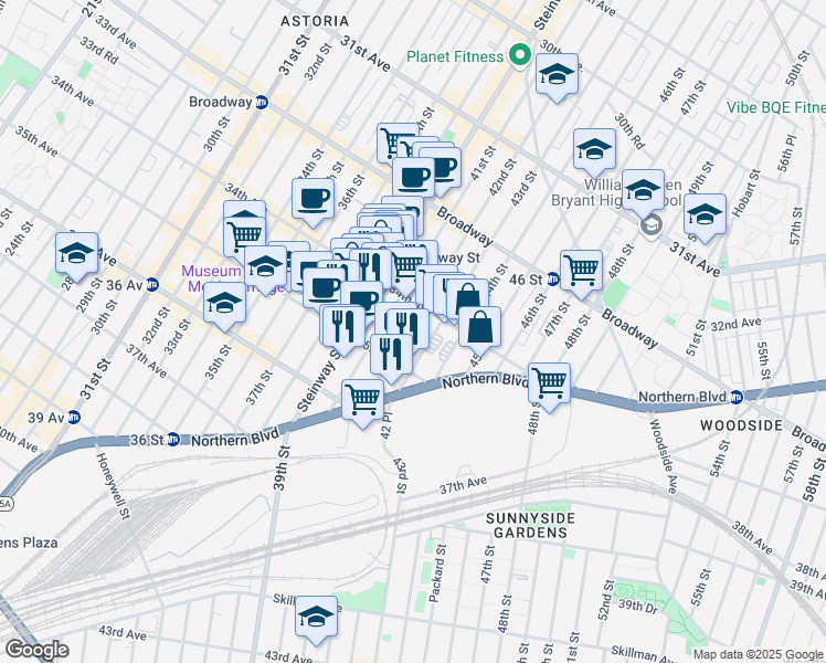 map of restaurants, bars, coffee shops, grocery stores, and more near 34-25 42nd Street in Queens