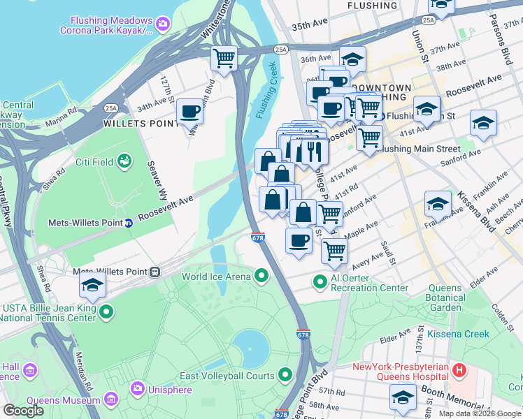 map of restaurants, bars, coffee shops, grocery stores, and more near 131-02 40th Road in Queens