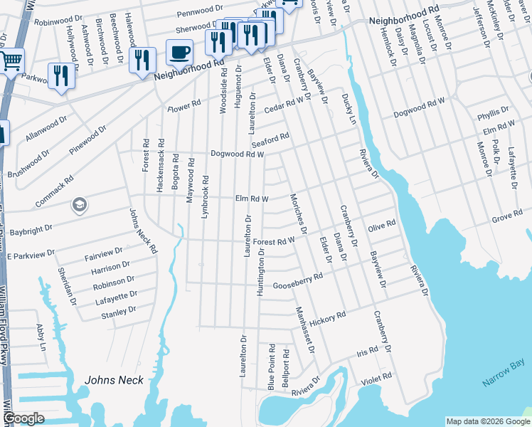 map of restaurants, bars, coffee shops, grocery stores, and more near 176 Huntington Drive in Mastic Beach