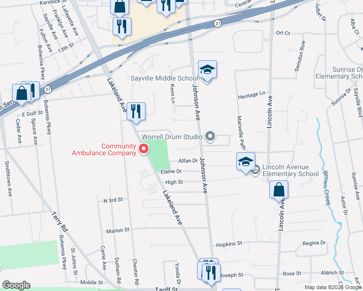 map of restaurants, bars, coffee shops, grocery stores, and more near 7 Holly Drive West in Sayville