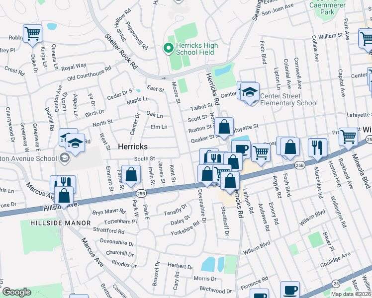 map of restaurants, bars, coffee shops, grocery stores, and more near 61 Moore Street in New Hyde Park