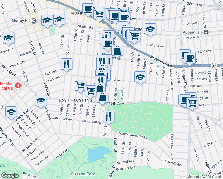 map of restaurants, bars, coffee shops, grocery stores, and more near 4548 164th Street in Queens