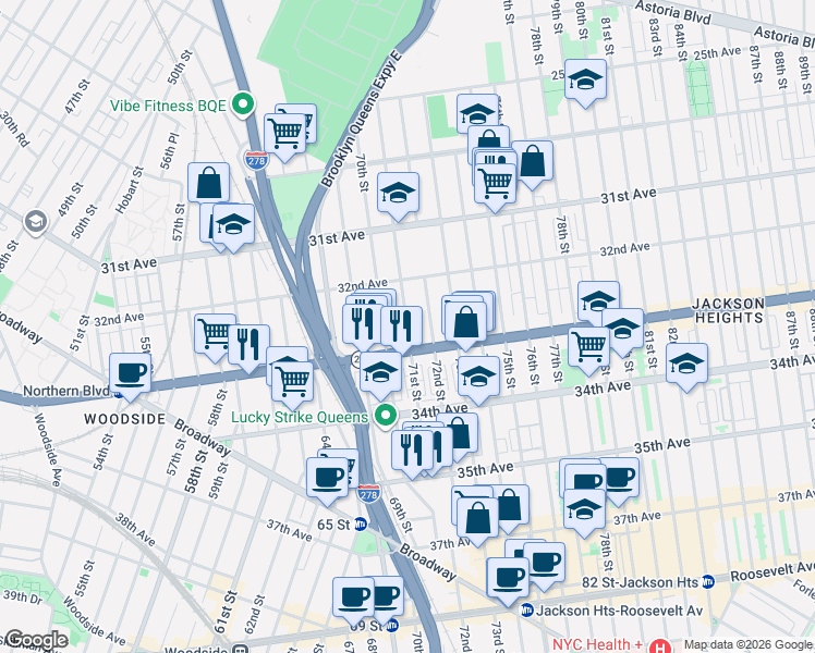 map of restaurants, bars, coffee shops, grocery stores, and more near 32-54 71st Street in Queens