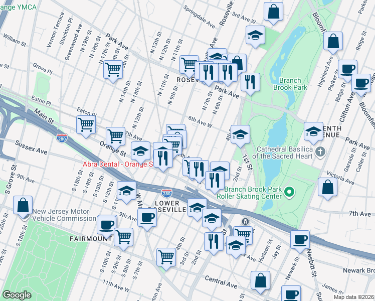 map of restaurants, bars, coffee shops, grocery stores, and more near 157-159 North 7th Street in Newark
