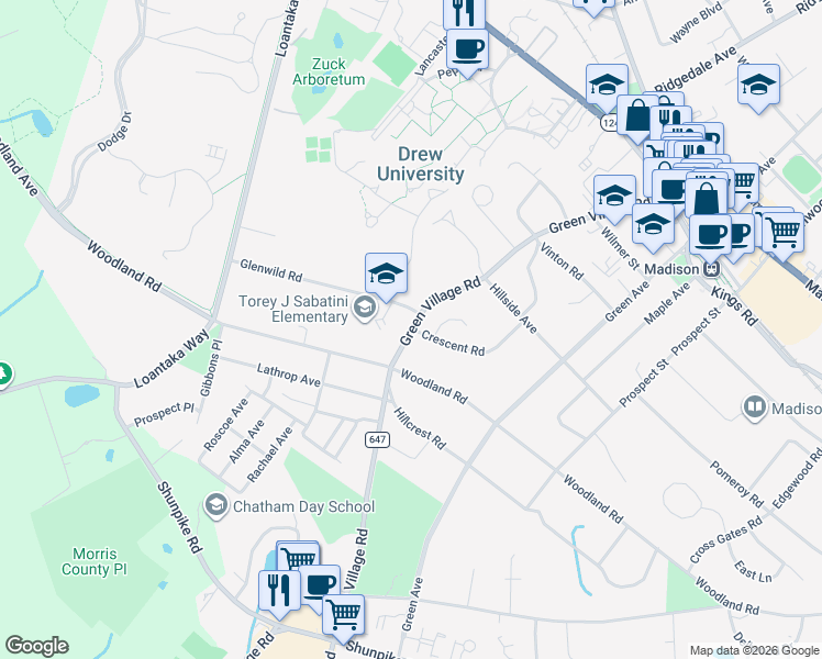 map of restaurants, bars, coffee shops, grocery stores, and more near 128 County Route 647 in Madison