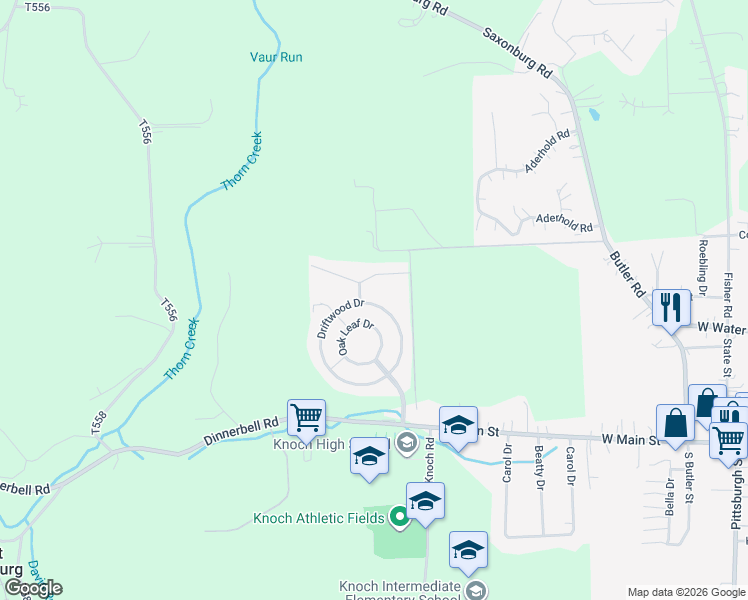 map of restaurants, bars, coffee shops, grocery stores, and more near 204 Driftwood Drive in Saxonburg