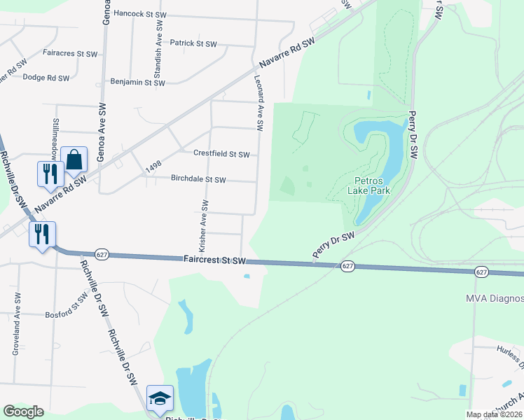 map of restaurants, bars, coffee shops, grocery stores, and more near 3616 Leonard Avenue Southwest in Canton