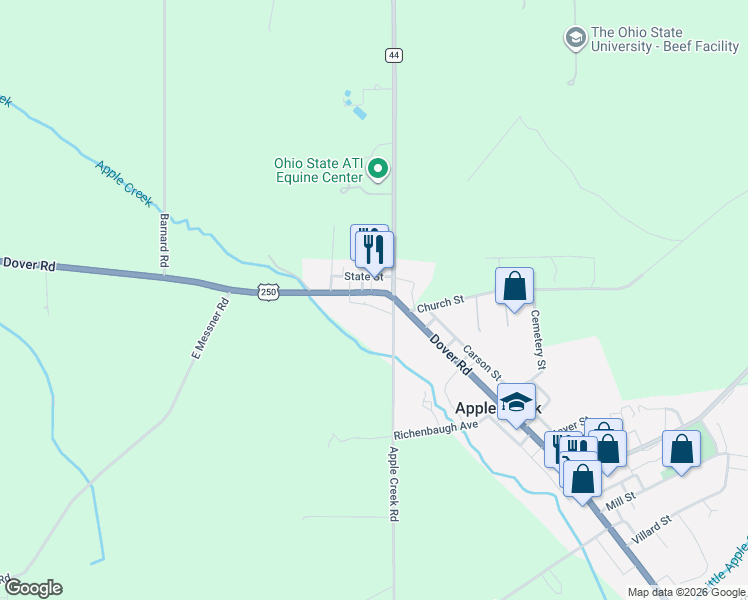 map of restaurants, bars, coffee shops, grocery stores, and more near 677 West Main Street in Apple Creek