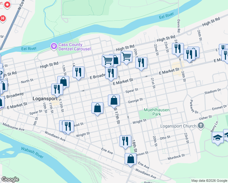 map of restaurants, bars, coffee shops, grocery stores, and more near 1630 Spear Street in Logansport