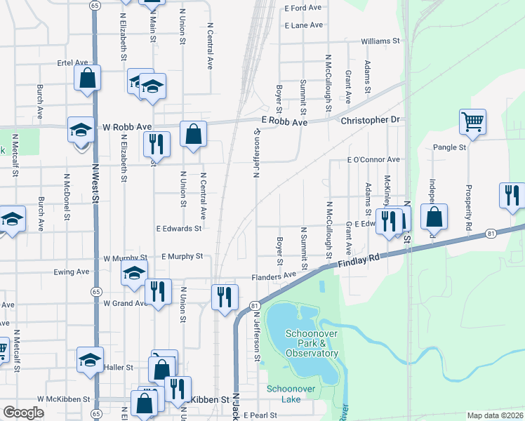 map of restaurants, bars, coffee shops, grocery stores, and more near 1048 North Jefferson Street in Lima