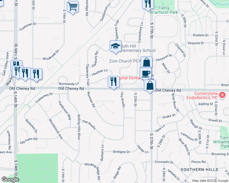 map of restaurants, bars, coffee shops, grocery stores, and more near 2333 Old Cheney Road in Lincoln