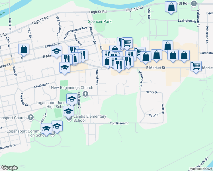 map of restaurants, bars, coffee shops, grocery stores, and more near 802 Crest Drive in Logansport