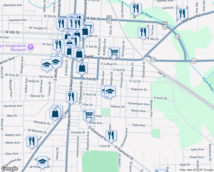 map of restaurants, bars, coffee shops, grocery stores, and more near 105 South Glenn Avenue in Mansfield