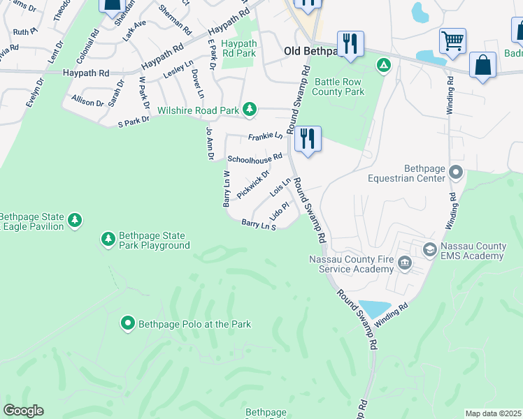 map of restaurants, bars, coffee shops, grocery stores, and more near 23 Lois Lane in Old Bethpage
