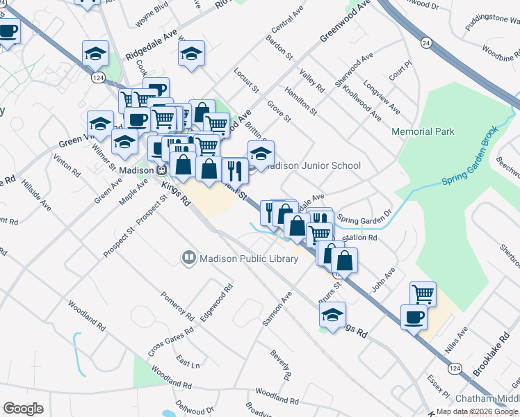 map of restaurants, bars, coffee shops, grocery stores, and more near 180 Main Street in Madison