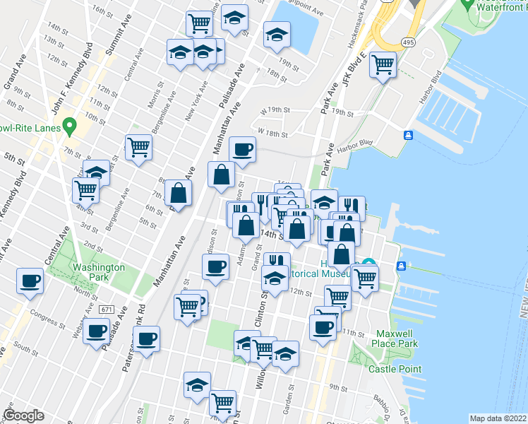 map of restaurants, bars, coffee shops, grocery stores, and more near 1427 Grand Street in Hoboken