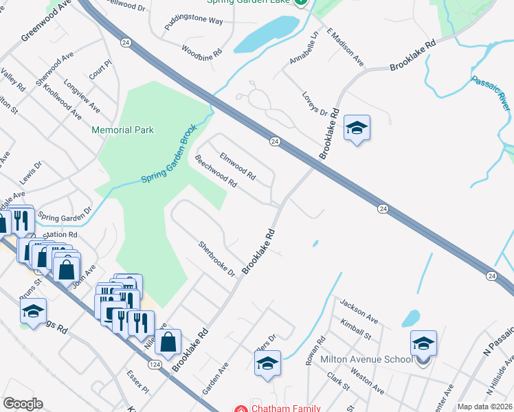 map of restaurants, bars, coffee shops, grocery stores, and more near 119 Beechwood Road in Florham Park