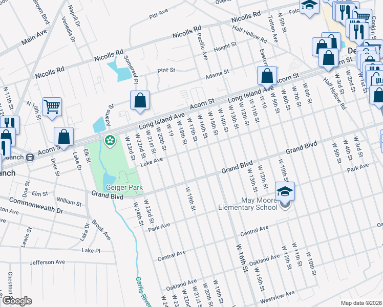 map of restaurants, bars, coffee shops, grocery stores, and more near 65 West 18th Street in Deer Park