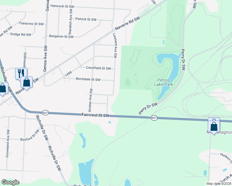 map of restaurants, bars, coffee shops, grocery stores, and more near 3616 Leonard Avenue Southwest in Canton