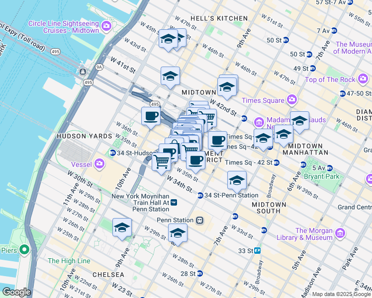 map of restaurants, bars, coffee shops, grocery stores, and more near 367 West 37th Street in New York